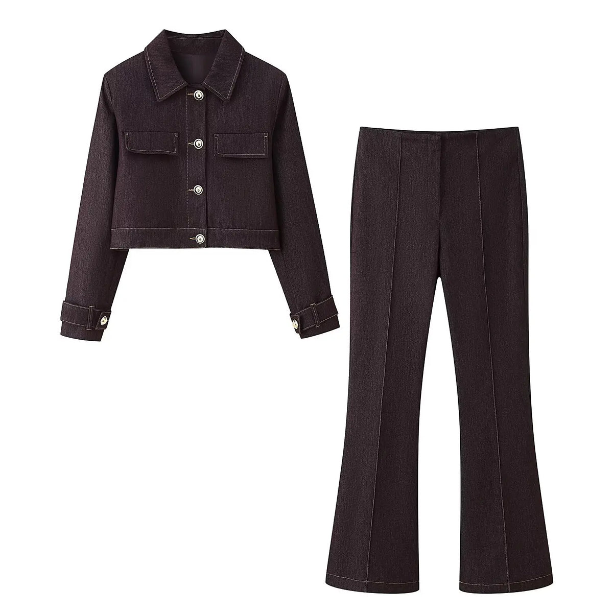 Lapel Jacket and Bell Bottom Pants Two Piece Set for Women