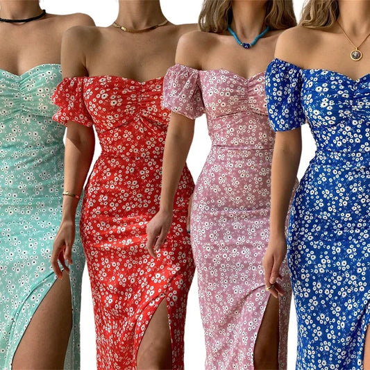 Elegant Summer Women's Dress Off-Shoulder Floral Side Slit Fashionable Commuting Foreign Trade New Style Womens Clothing
