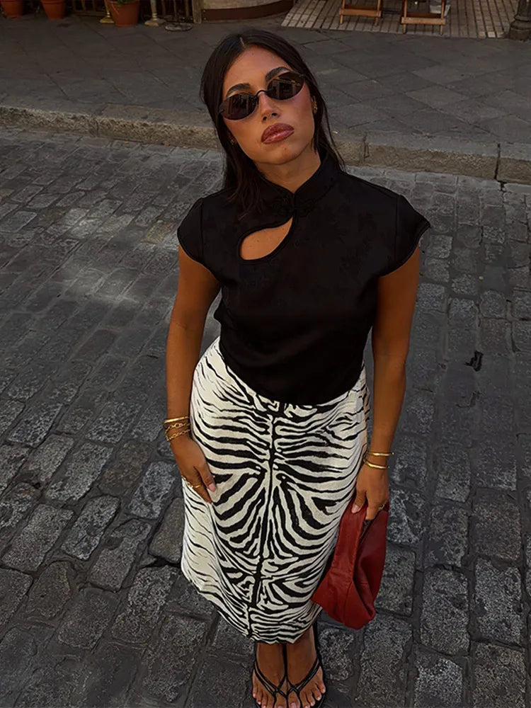High Waist Leopard Print Zipper Midi Skirt for Women