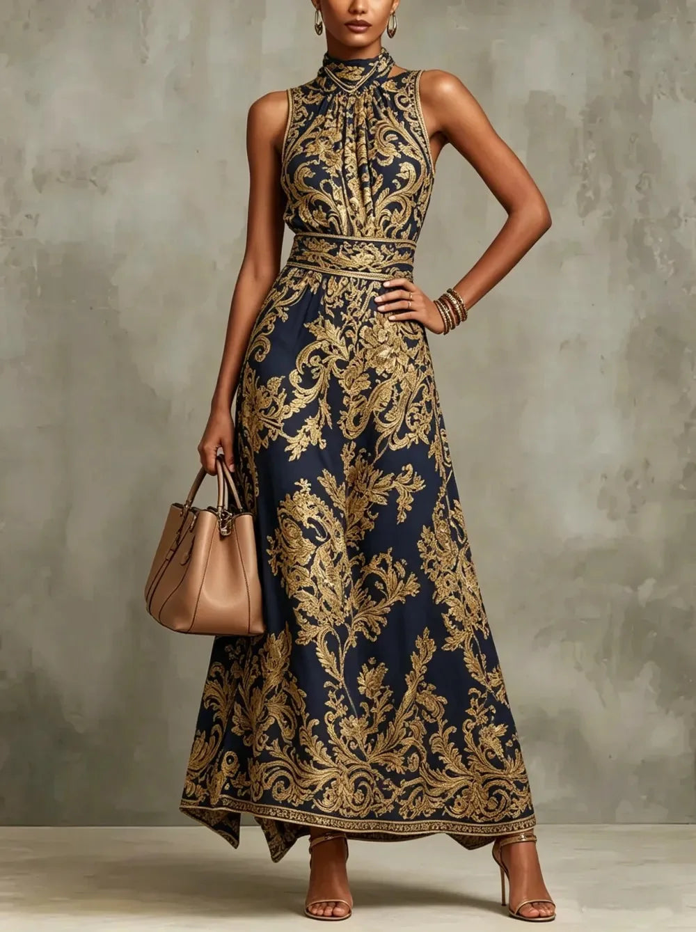 Elegant Baroque Print Halter Neck Maxi Dress for Women