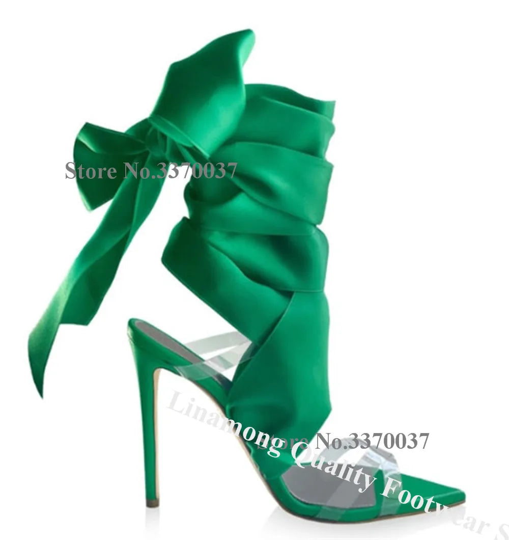 Elegant Green Satin Strappy Open Toe Heels for Women
