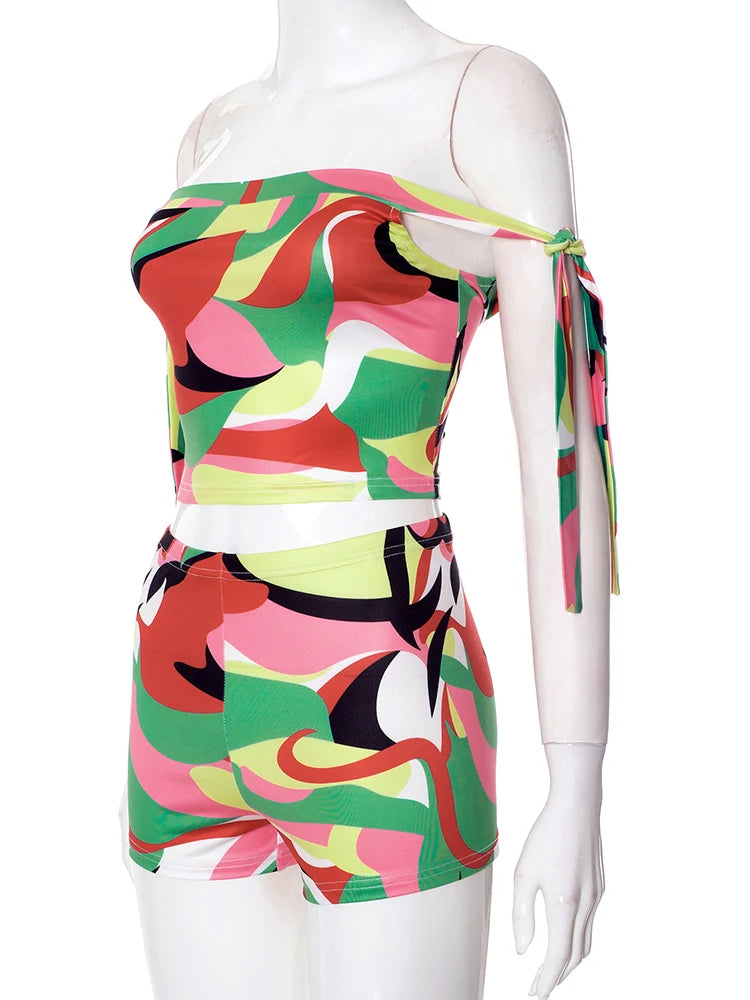 Printed Summer Off Shoulder Crop Top and Matching Shorts Two Piece Set for Women
