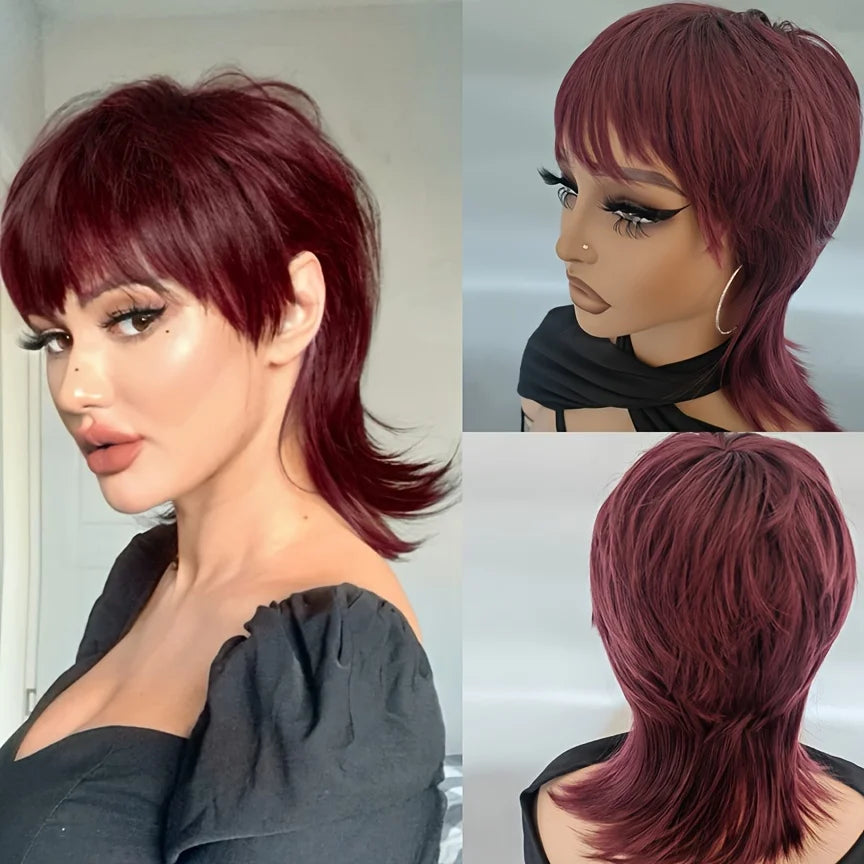 Short Black Shaggy Layered Mullet Wig For Women With Bangs