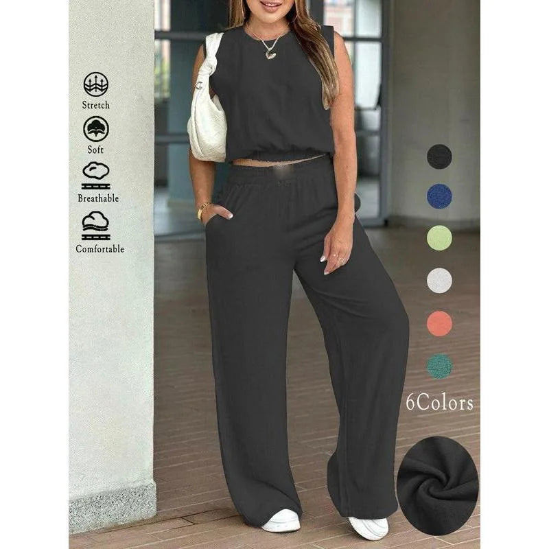 Casual Summer Sleeveless Wide-Leg Two-Piece Set for Women
