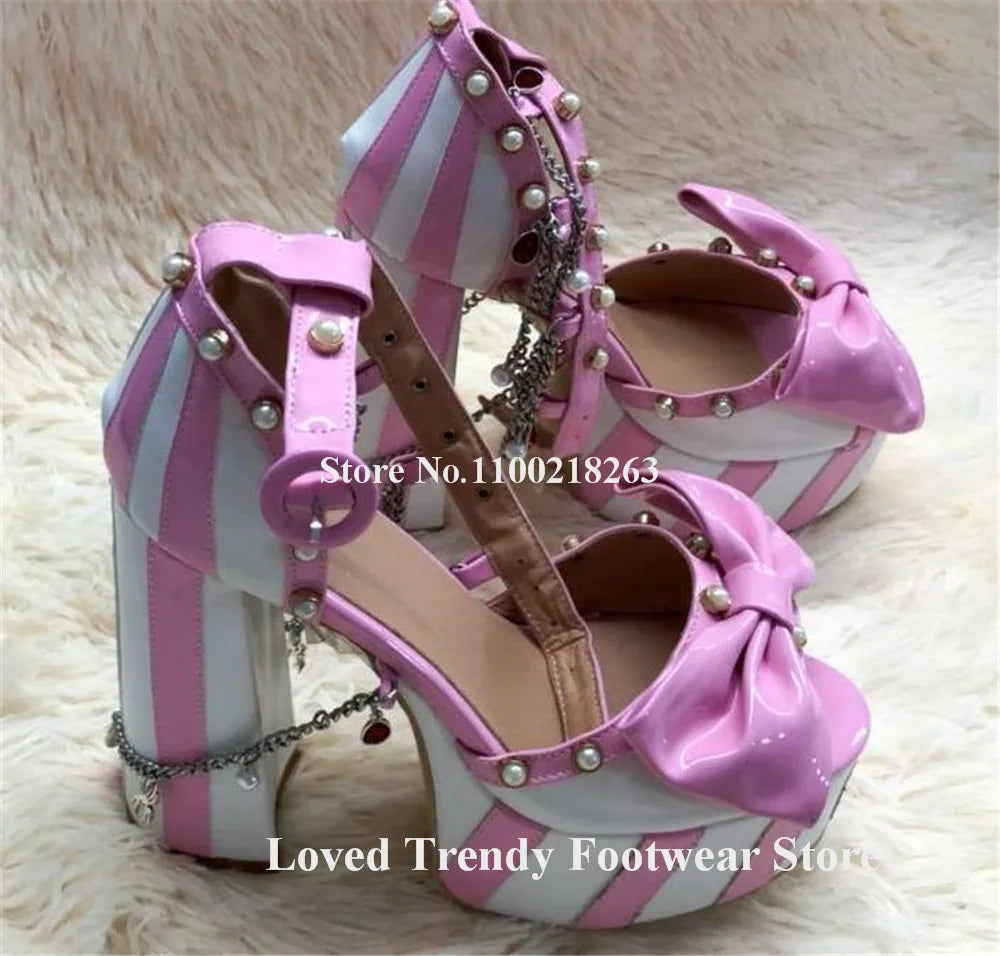 Striped Peep Toe Platform Sandals With Bow Detail for Women