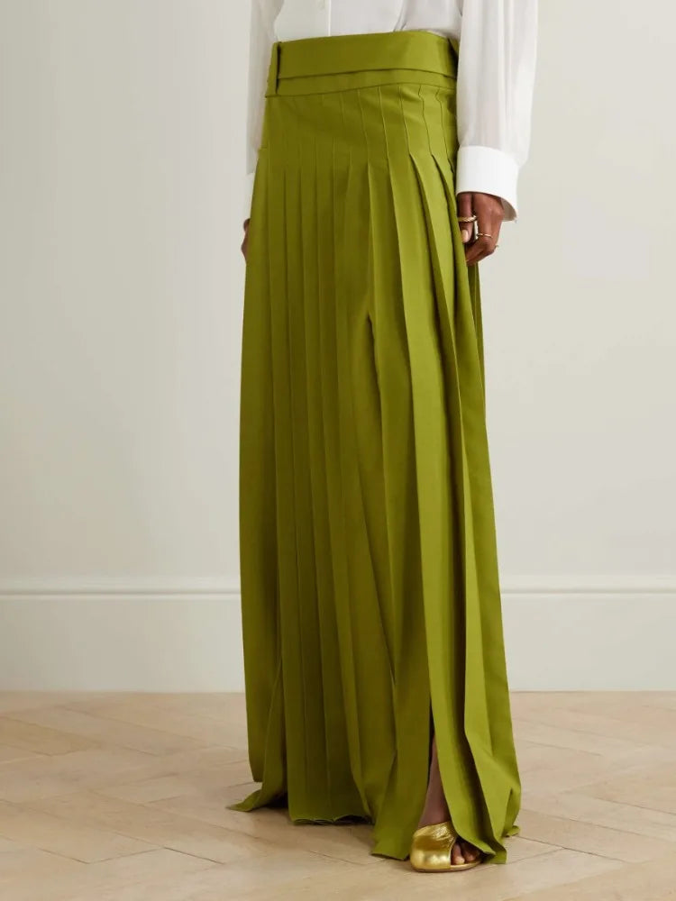 Beautyblue Elegant Retro Green Pleated Skirt Women's Long Skirts Fashion Loose High Waisted Split-Side with Belt Elegant Bottoms