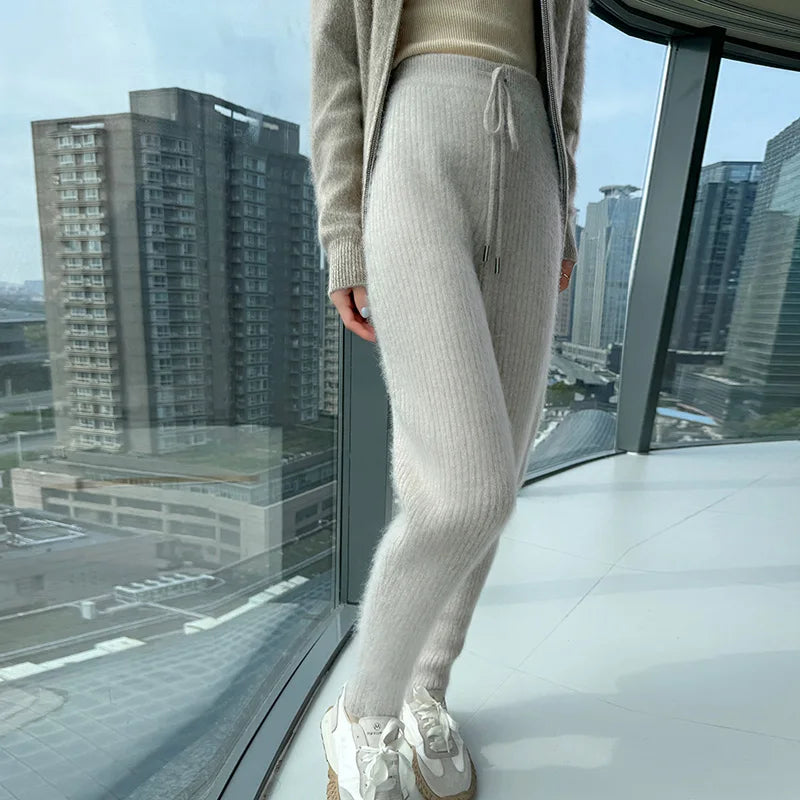 Warm Knit Elastic Waist Slim Fit Trousers for Women