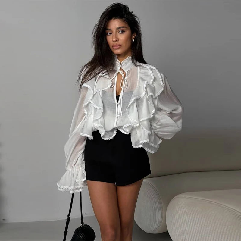 Elegant Long Sleeve Cascading Ruffle Blouse for Women