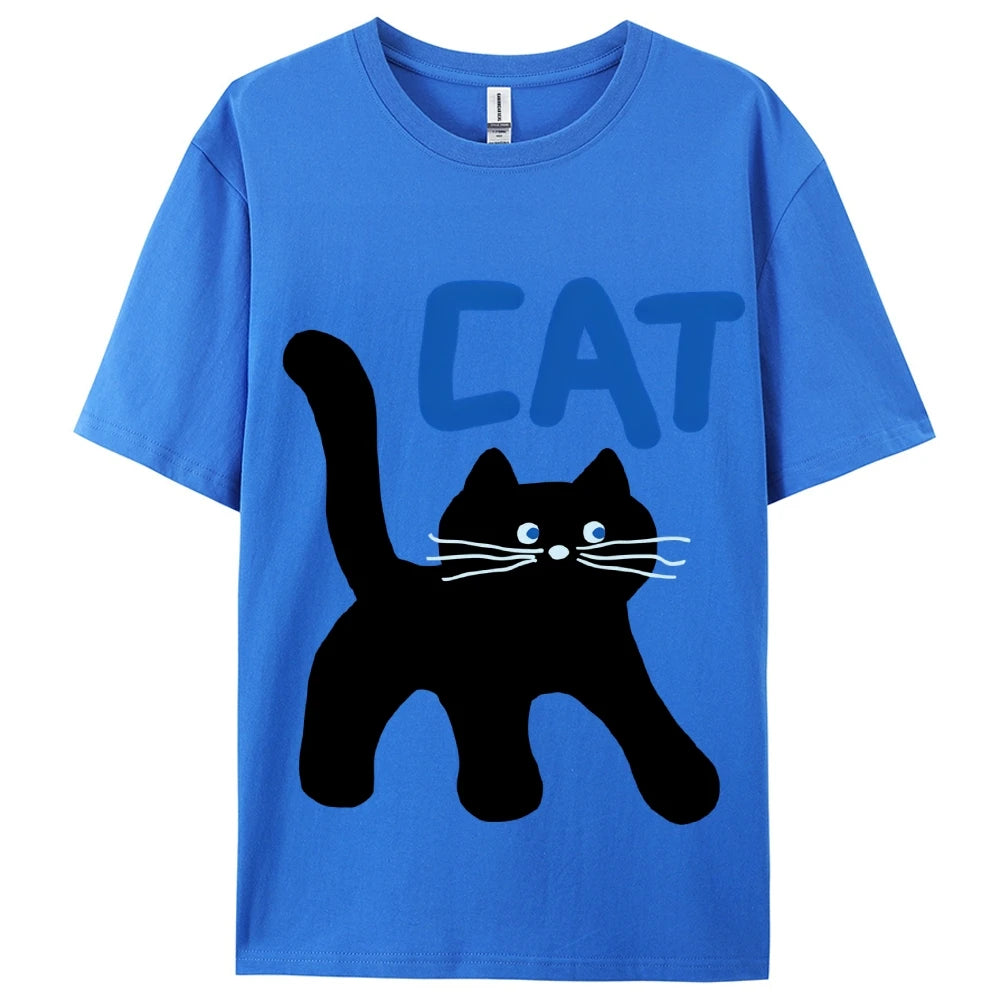 Women's Basic Crew Neck Tee Trendy Y2K Women's Short Sleeve Cartoon Cat Print Cute Aesthetic Cotton Casual T-Shirt