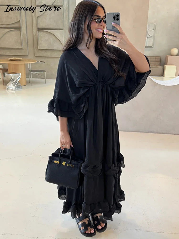 Ruffled V Neck Pleated Ankle Length Dress for Women