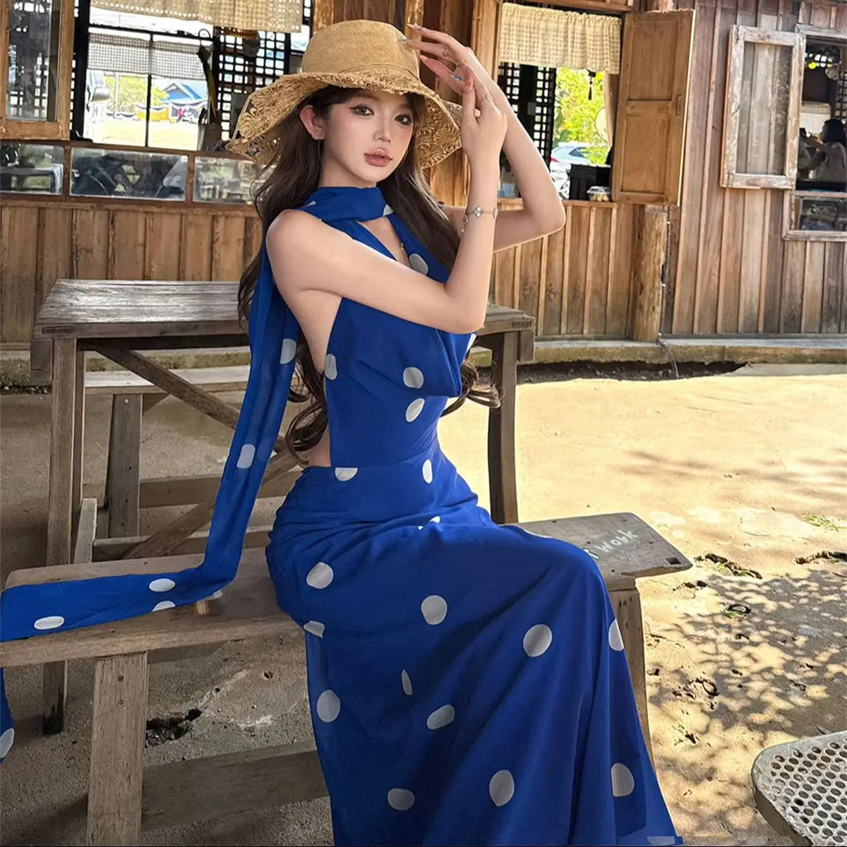 Vintage Polka Dot Backless Halter Maxi Dress for Women