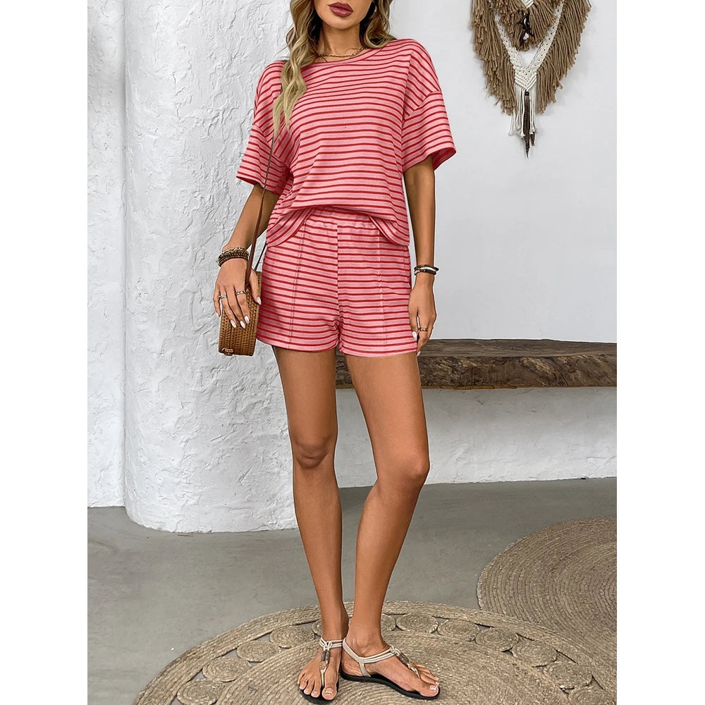 Women Striped 2 Pieces Set Fashion Short Sleeve T Shirt Top and Elastic Waist Shorts Set Summer Outfits Home Wear 2025