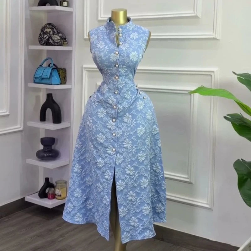 Elegant Sleeveless Stand Collar Midi Dress for Women
