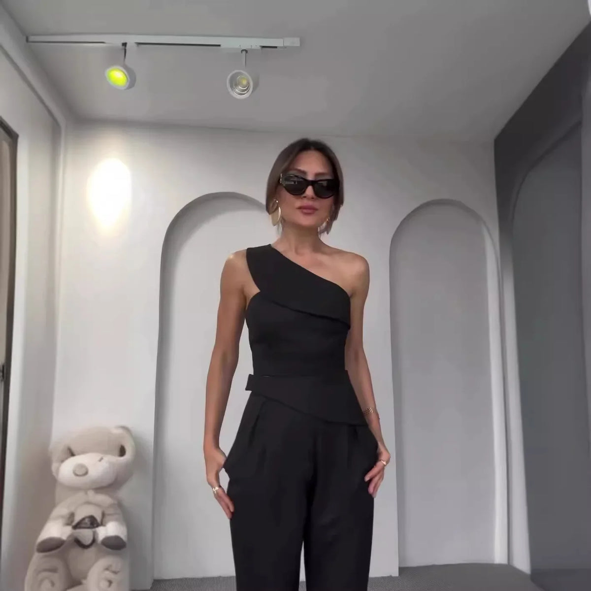 Slanted Neck Top and High Waist Pants Two Piece Set for Women