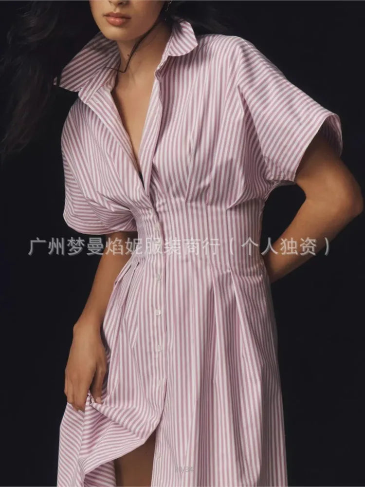 Elegant Striped Print Waist-Hugging A-Line Midi Dress for Women
