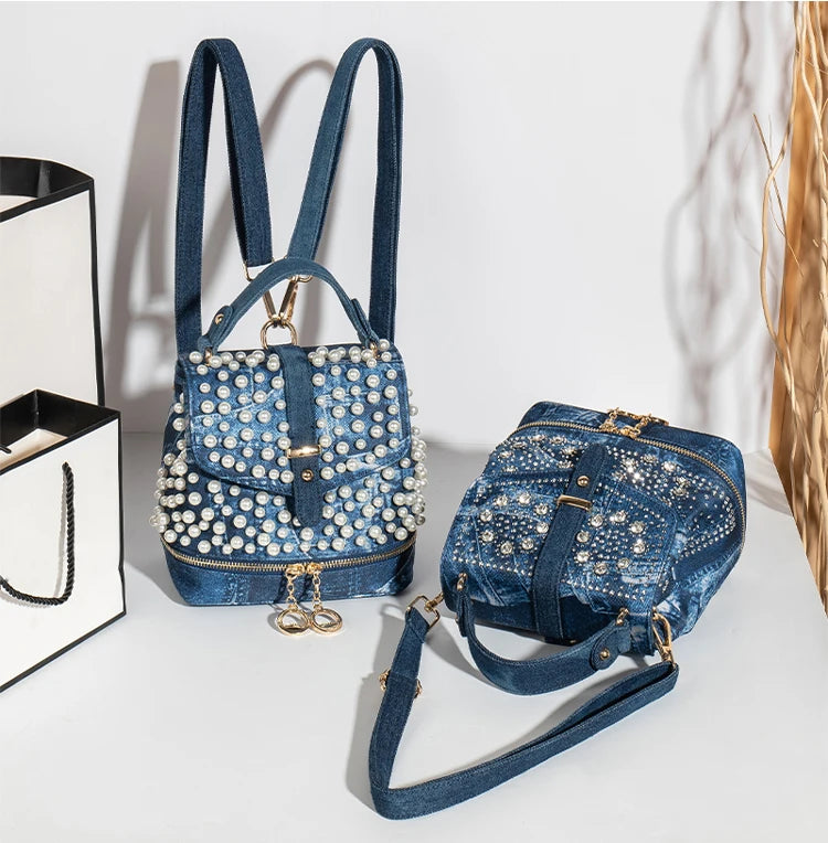 Diamond Embellished Denim Multiway Backpack for Women