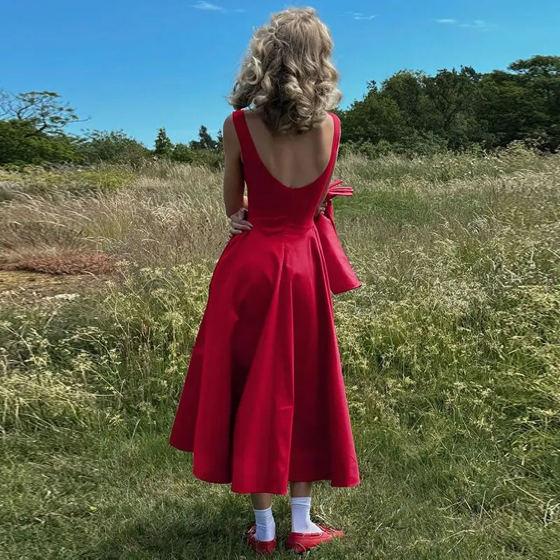 Solid Color Sleeveless Backless Dress with Waist Tie for Women