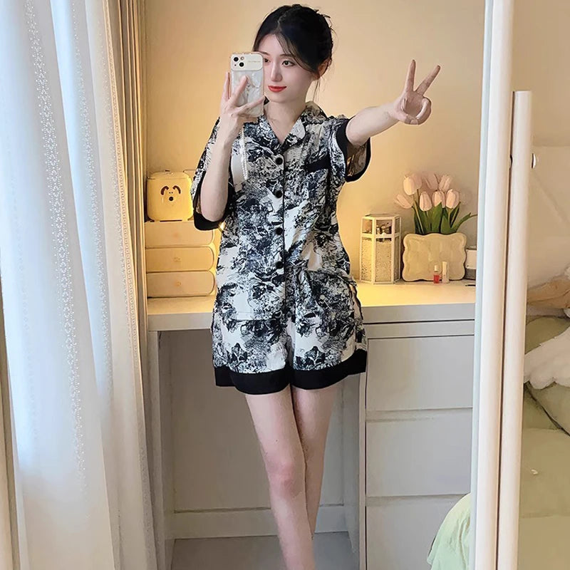 Chinese Elegant Ink and Wash Painting Women's Pajamas Ancient Style Classical Flavor Sleepwear 2024 New Summer Fashion Nightgown