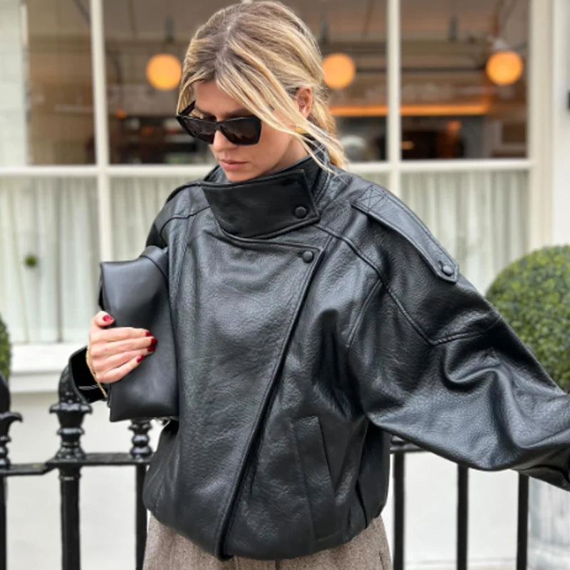 Cropped Oversized Black Leather Bomber Jacket for Women