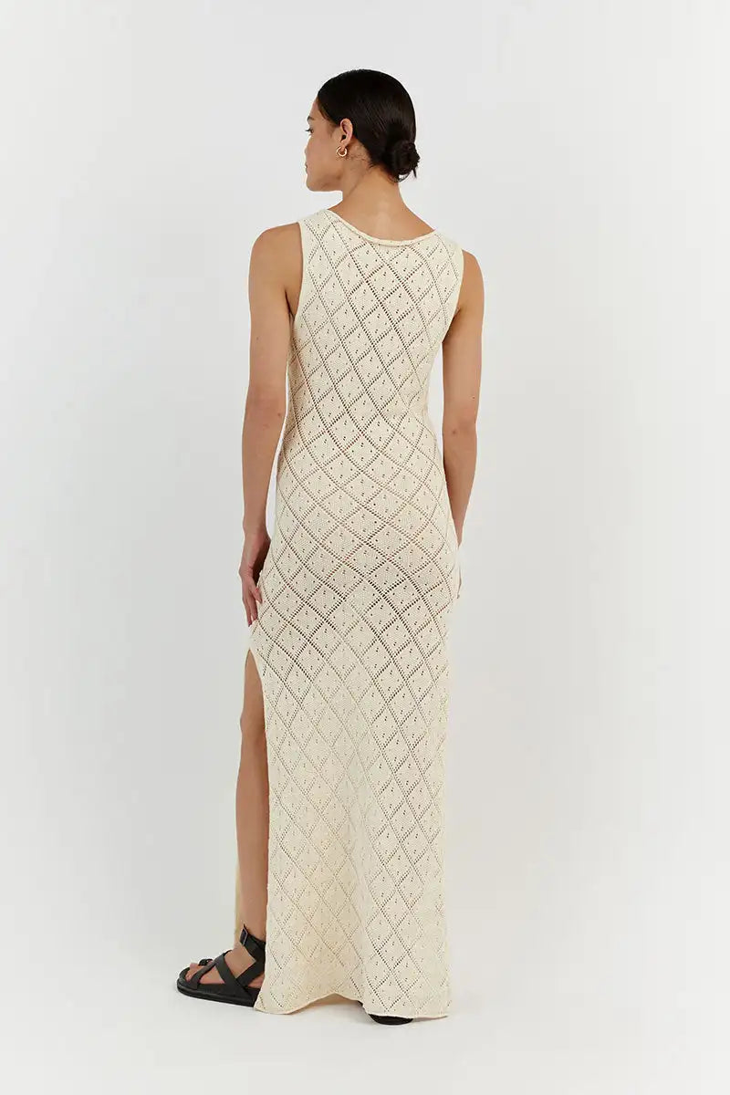 Sexy Cut Out Slit Knit Mesh Swimsuit Cover Up Pareo Tunic 2025 Summer Beach Maxi Dress Bikini Cover-ups Women Beachwear A2318