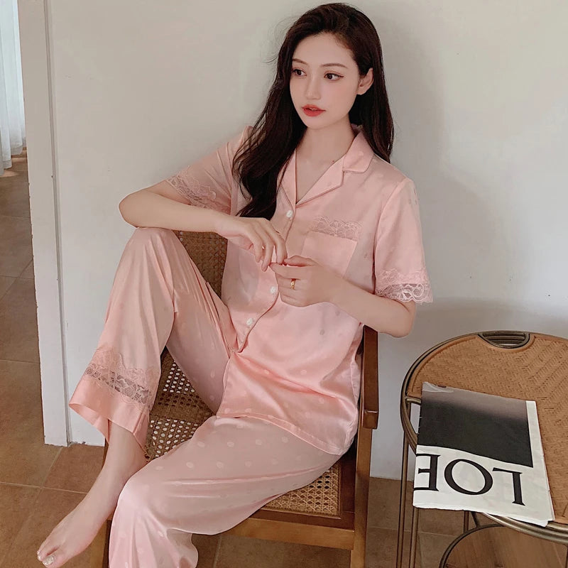 Y2k Pink Sweet Dot Lace Jacquard Women Pajamas French Romantic Lazy Lady Nightgown 2024 New Summer Korean Harajuku Home 2pc Set