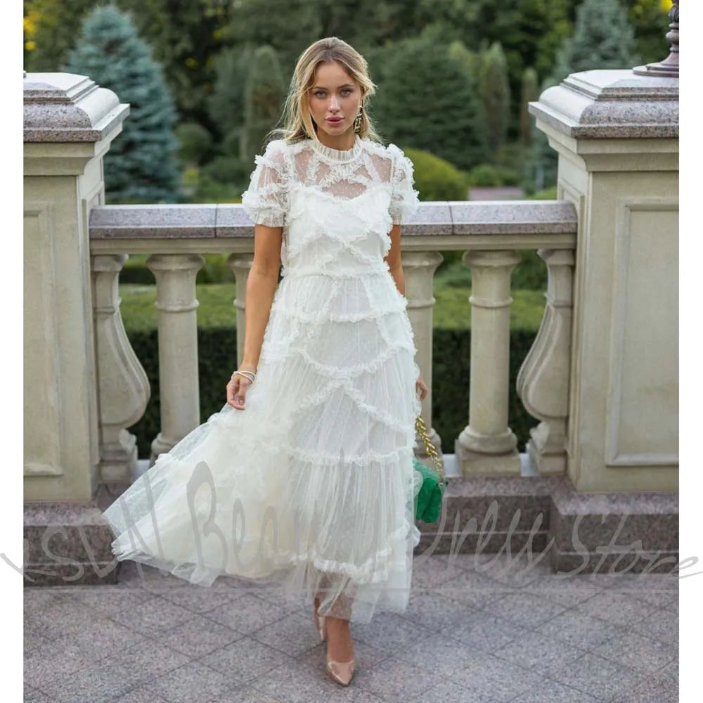 Elegant Dot Organza Dress With Ruffles for Women