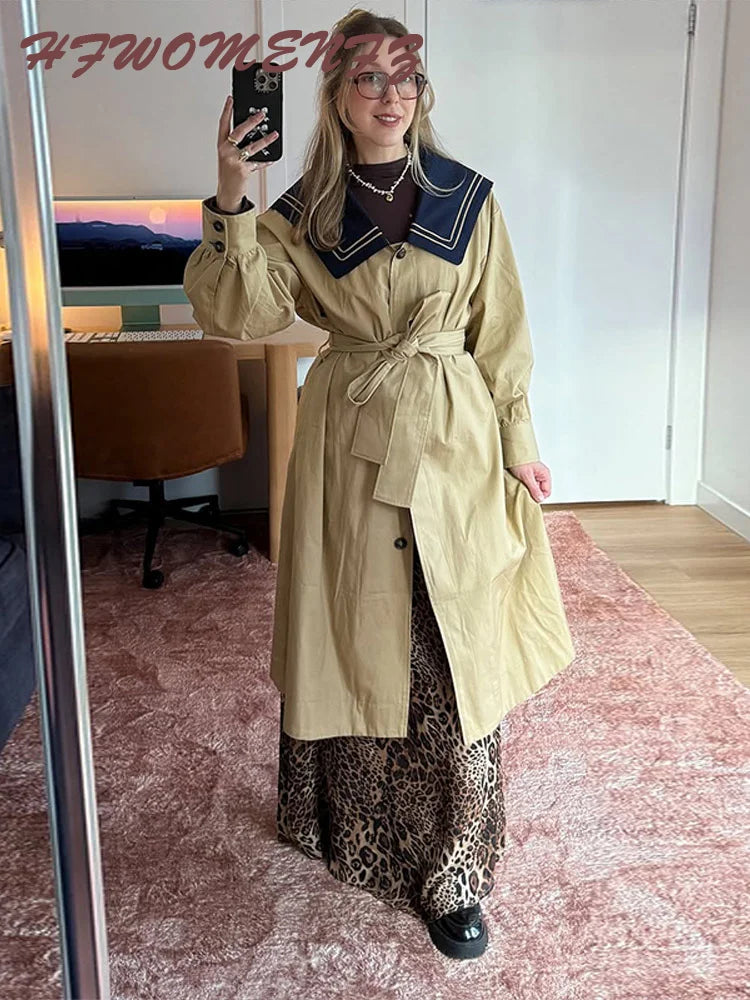 Autumn Patchwork Lace Up Windbreaker Coat for Women