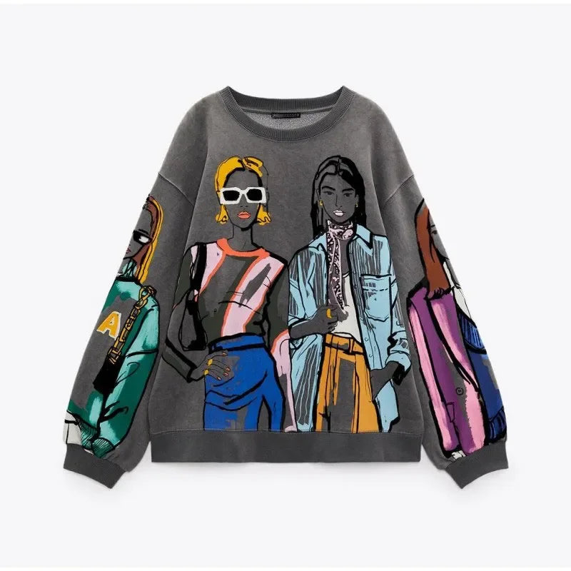 Loose Cartoon Graphic Long Sleeve Sweatshirt for Women