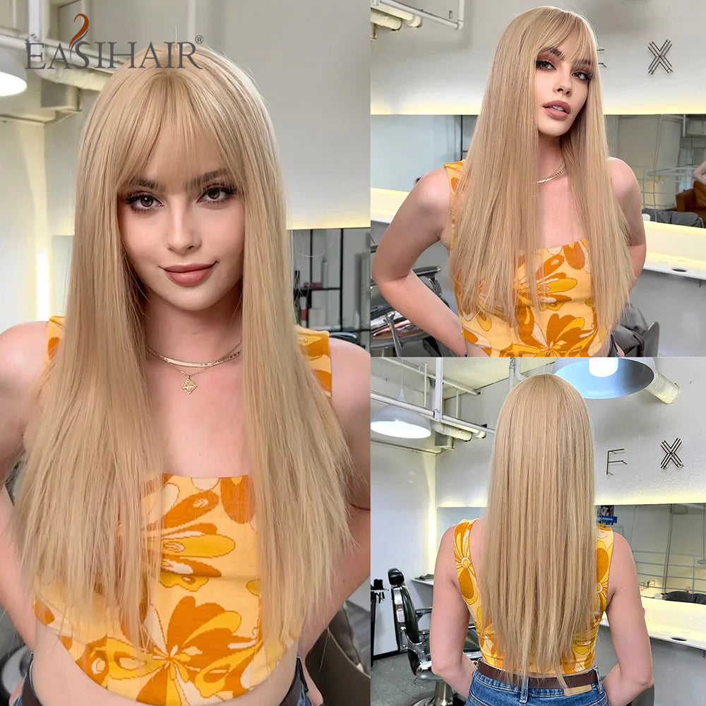 Long Straight Black Synthetic Wig With Bangs for Women