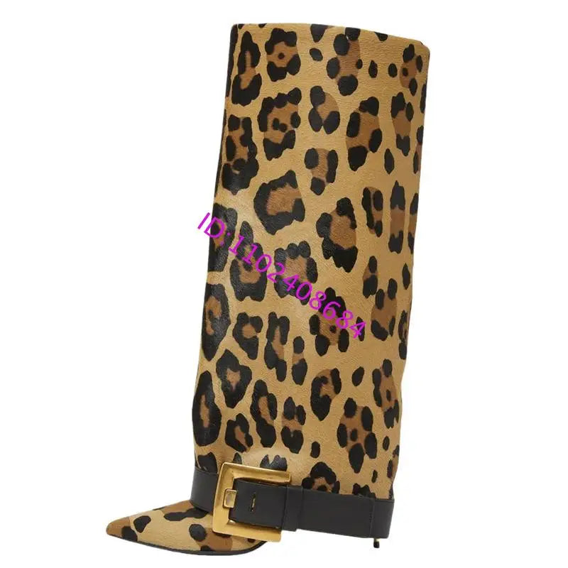 Design Women Metal High Heel Pointed Toe Belt Buckle Knee High Boots Sexy Women Pointy Gold Belt Buckle Knee Boots Plus Size 46