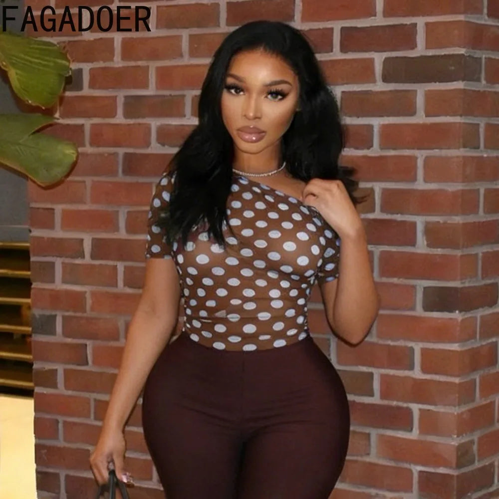 Off Shoulder Polka Dot Mesh See Through Two Piece Set for Women
