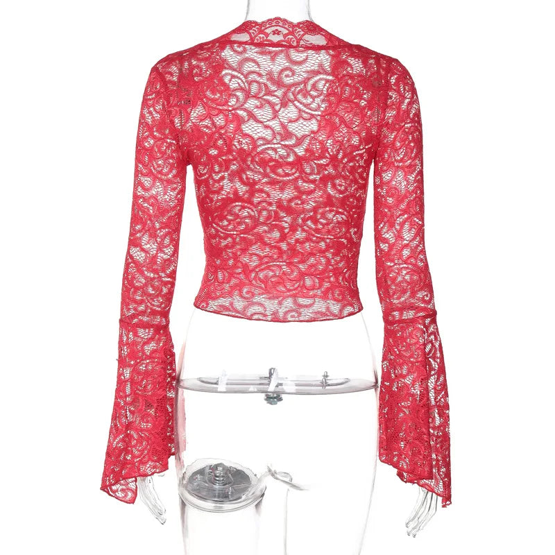 Aesthetic Lace Top Women Sexy Clothing See Through Deep V Neck Flared Long Sleeve T Shirts Party Clothes Clubwear