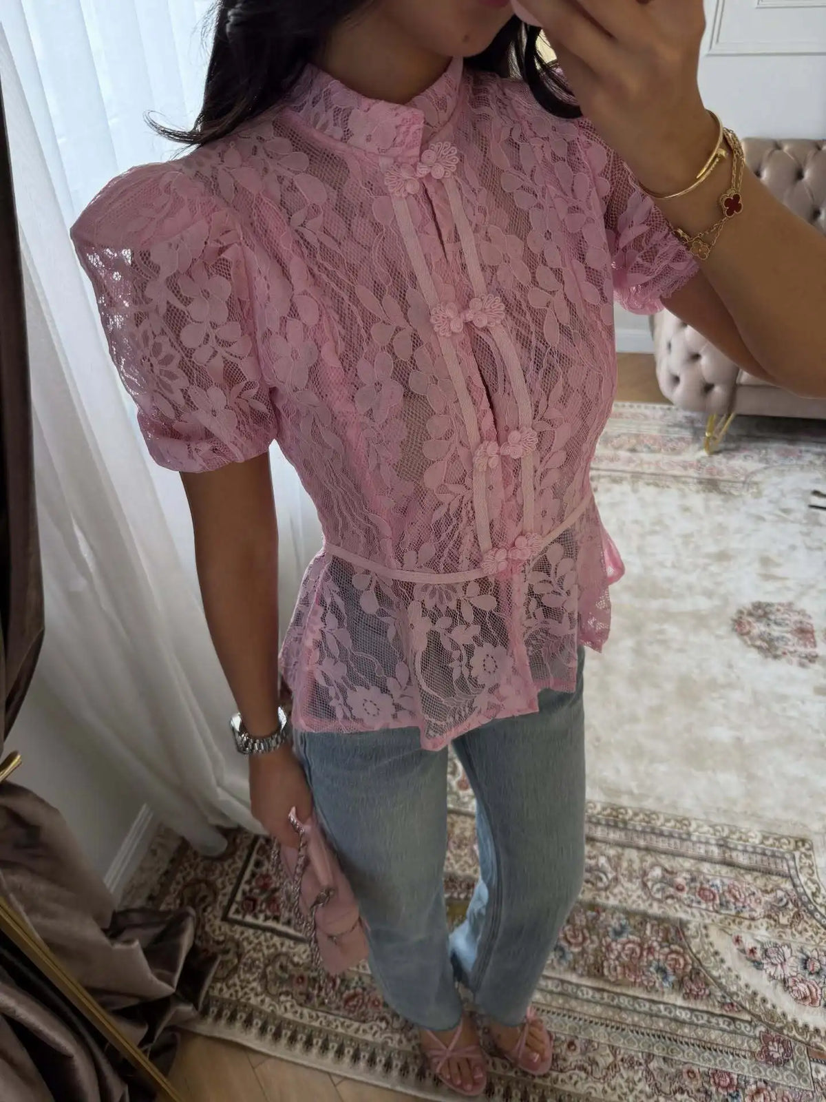 Short Sleeve Floral Lace Sheer Cheongsam Blouse for Women
