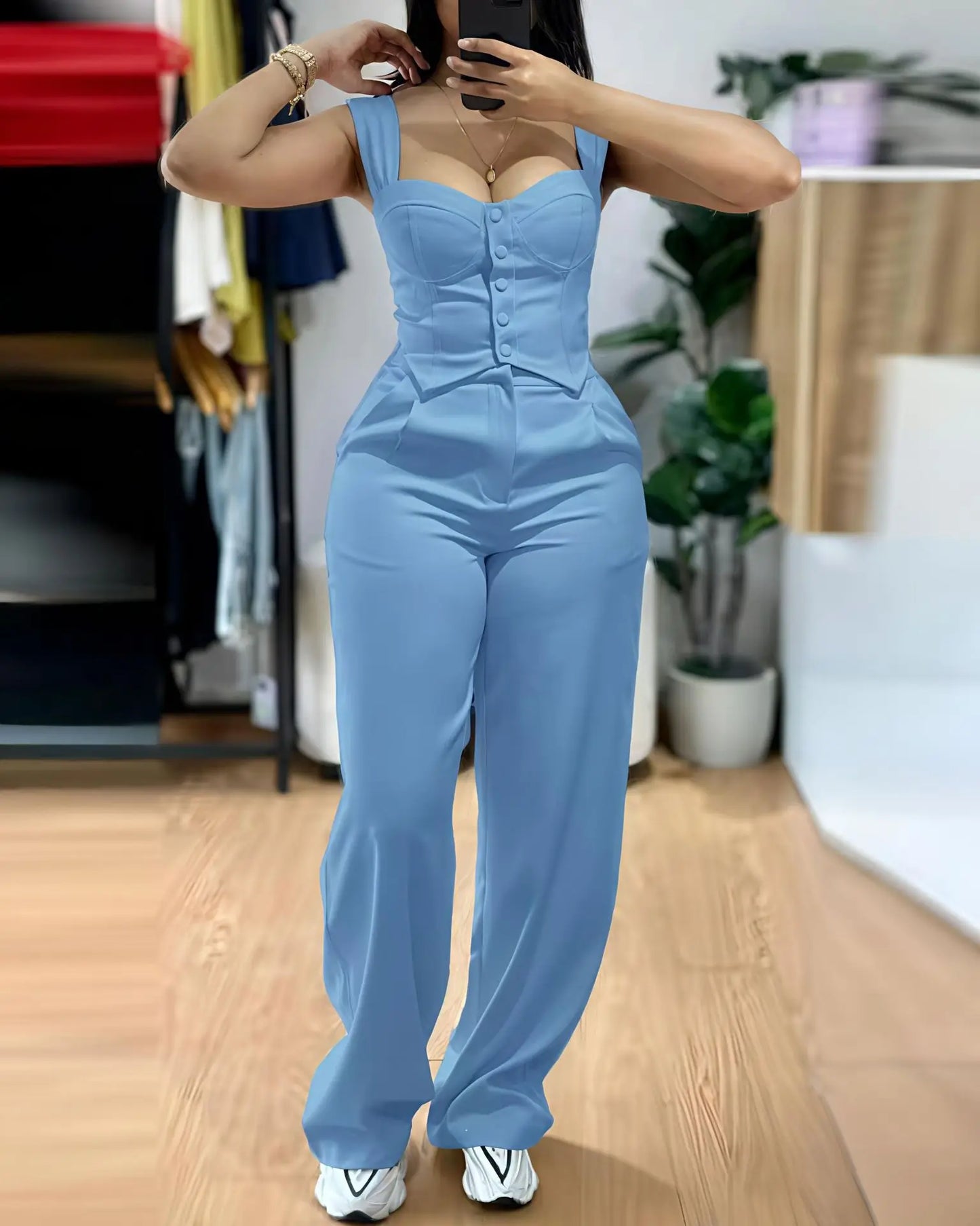 Elegant Solid Color Strapless Suspender Vest Trousers Two-Piece Set for Women