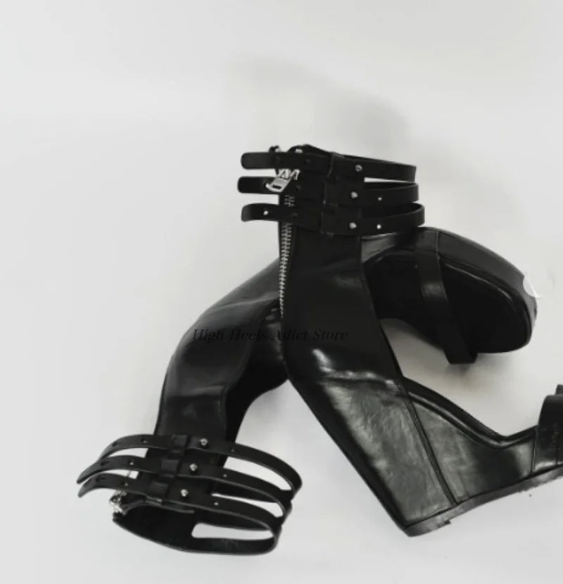 Genuine Leather Zip Up Hollow Out Wedge Sandals For Women
