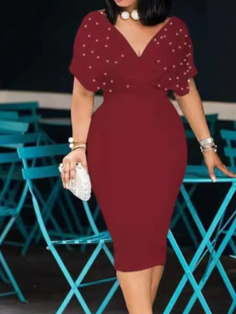 Elegant Solid V Neck Short Sleeve Knee Length Dress for Women
