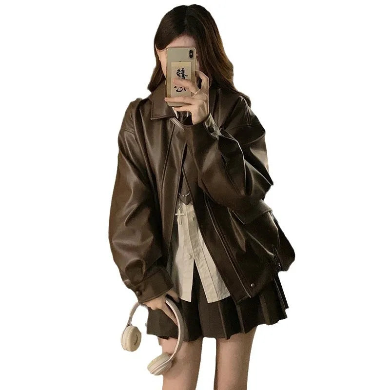 Short American Retro PU Leather Baseball Jacket for Women
