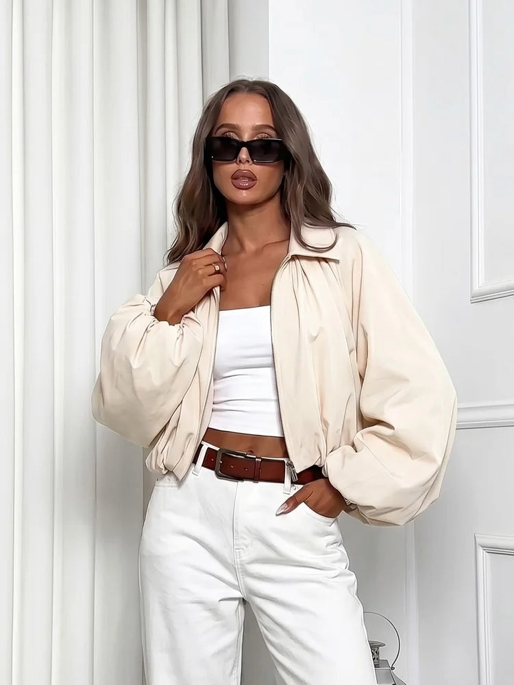 Elegant Solid Bomber Jacket With Puff Sleeves for Women