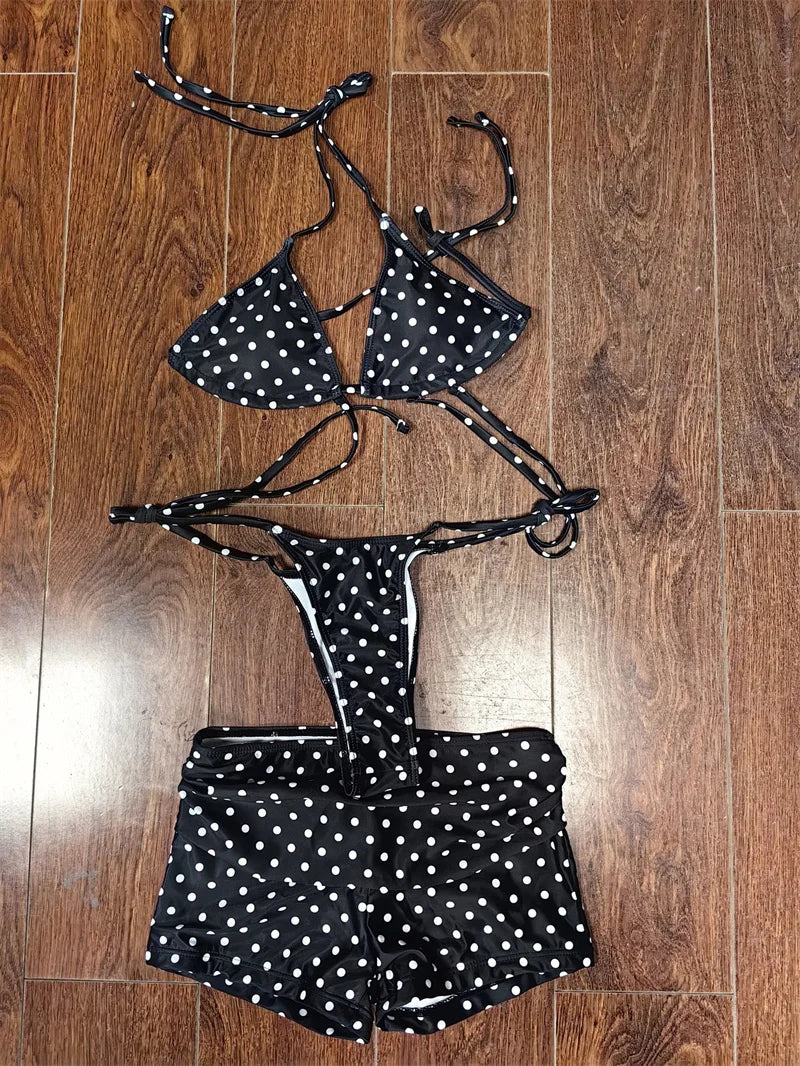 Polka Dot Lace Up Bikini Set with Briefs for Women