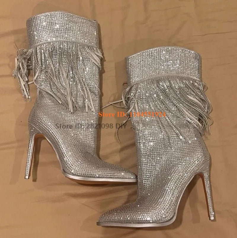 Knee High Fringe Rhinestone Heeled Cowboy Boots for Women