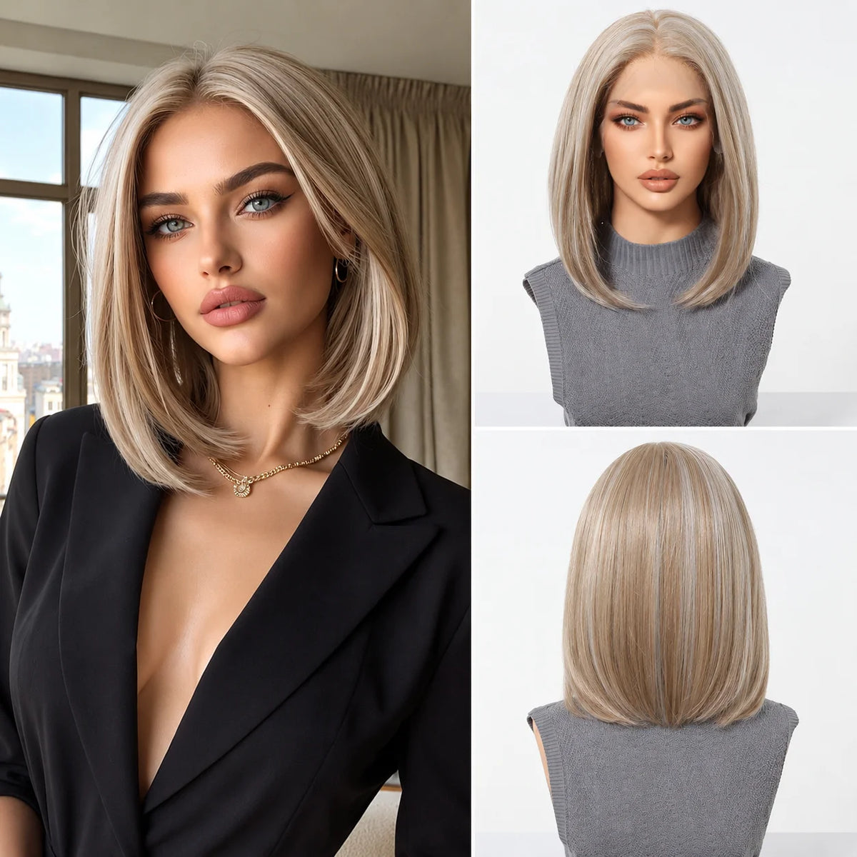 Ombre Blonde Straight Lace Front Bob Wig for Women