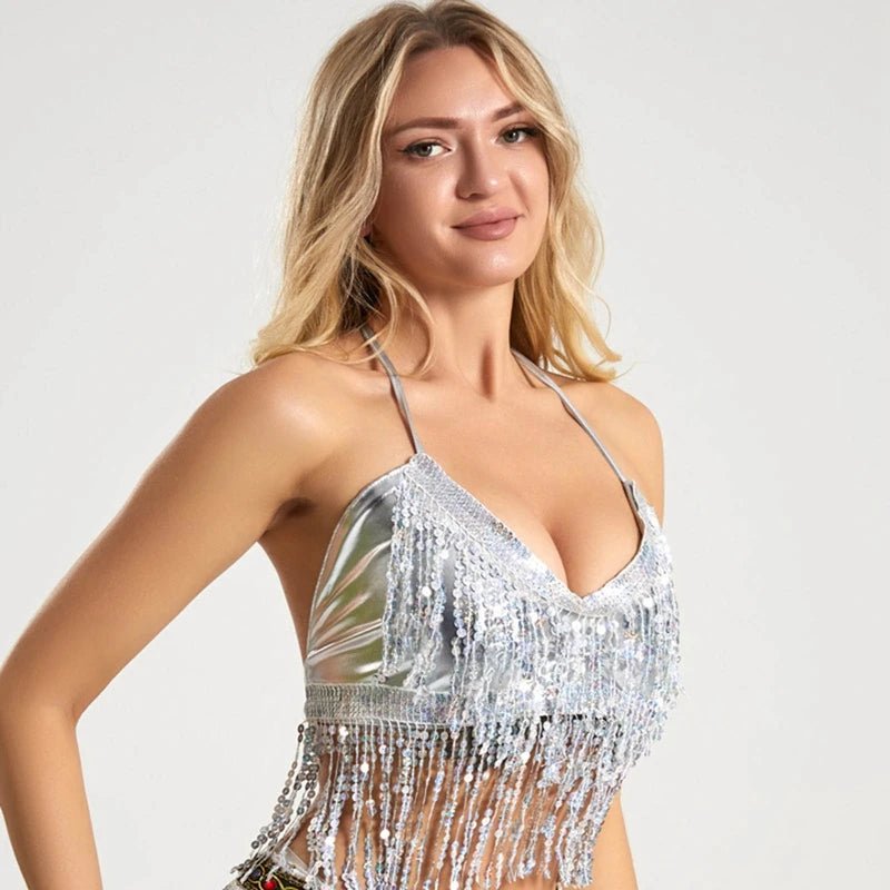 Sequined Tassel Latin Dance Crop Top and Skirt Set for Women