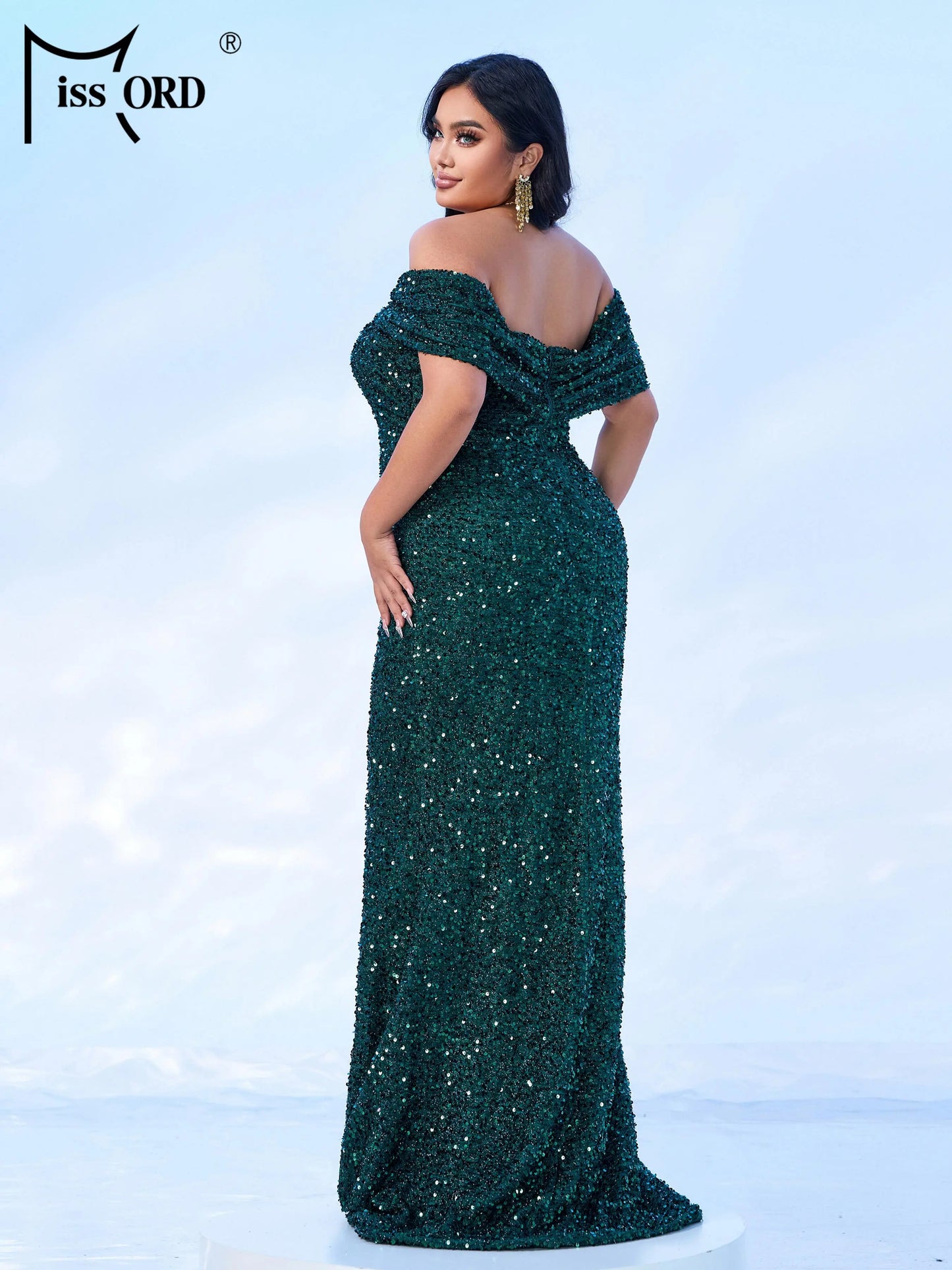 Missord Grey Sequin Plus Size Evening Dress Elegant Women Off Shoulder Bodycon Maxi Mermaid Party Prom Dresses Long Formal Gown