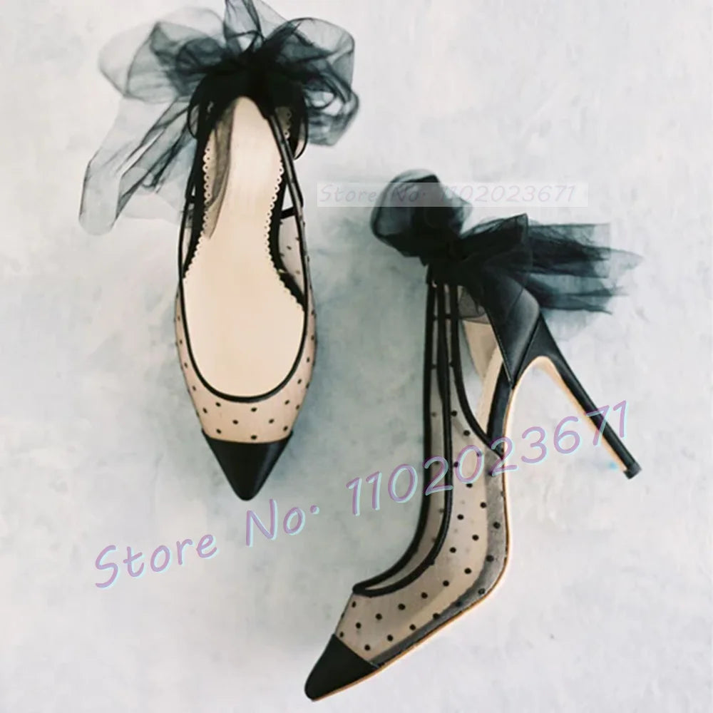Black Tulle Bow Dots Pumps Women Summer Mesh High Heels Sexy Pointy Wedding Silk Shoes Ladies Party Solid Casual Slingback Pumps
