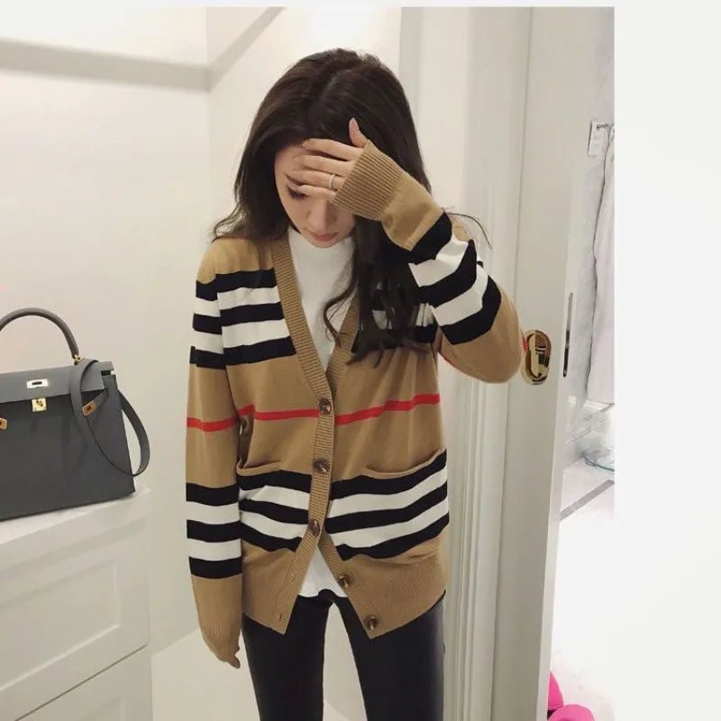 Women's Coat Spring and Autumn Classic Striped Color-block V-neck Mid-length Knitted Cardigan Loose Sweater Coat