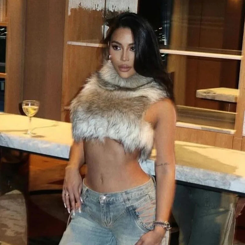 Autumn Fur Patchwork Backless Zipper Crop Top for Women