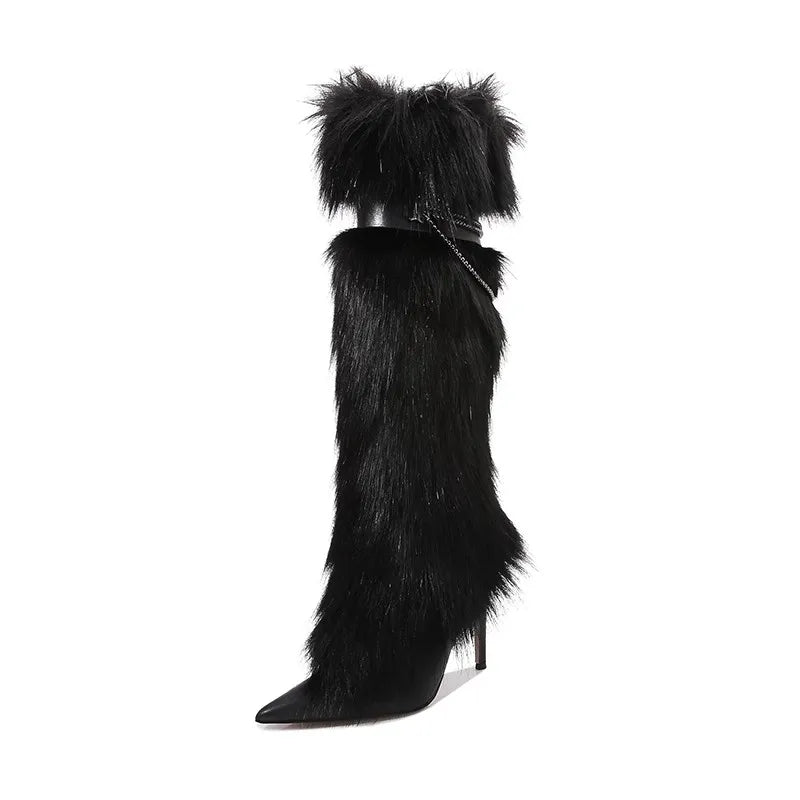 Elegant Faux Fur Knee High Stiletto Boots for Women