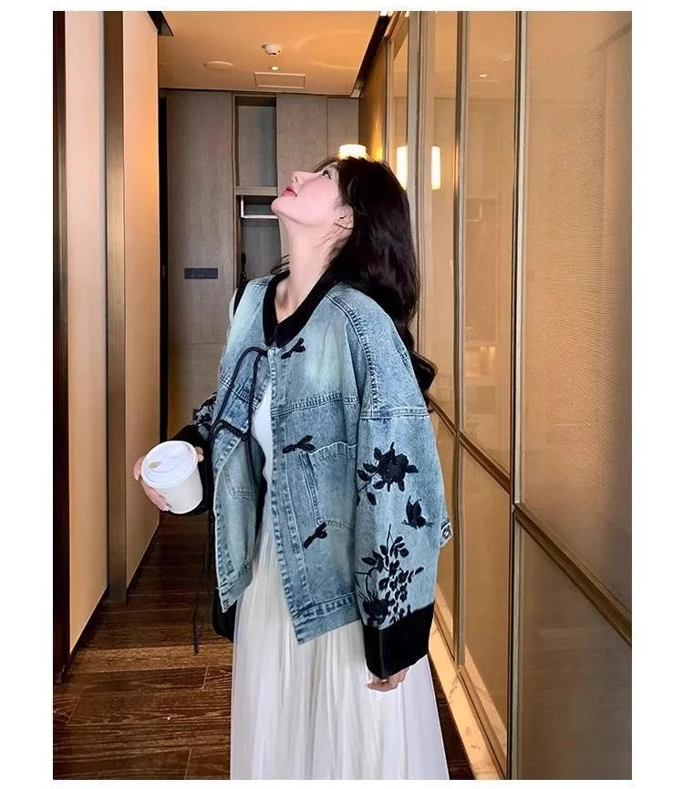 Plus Size Embroidered Denim Jacket