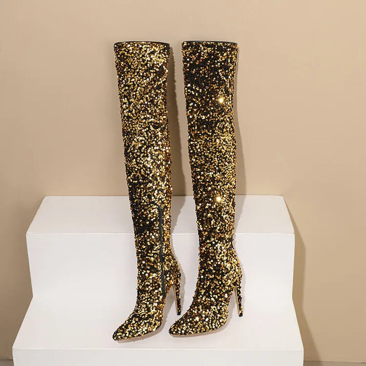Sequin Pointed Toe Over The Knee Stiletto Boots For Women With Rear Zipper