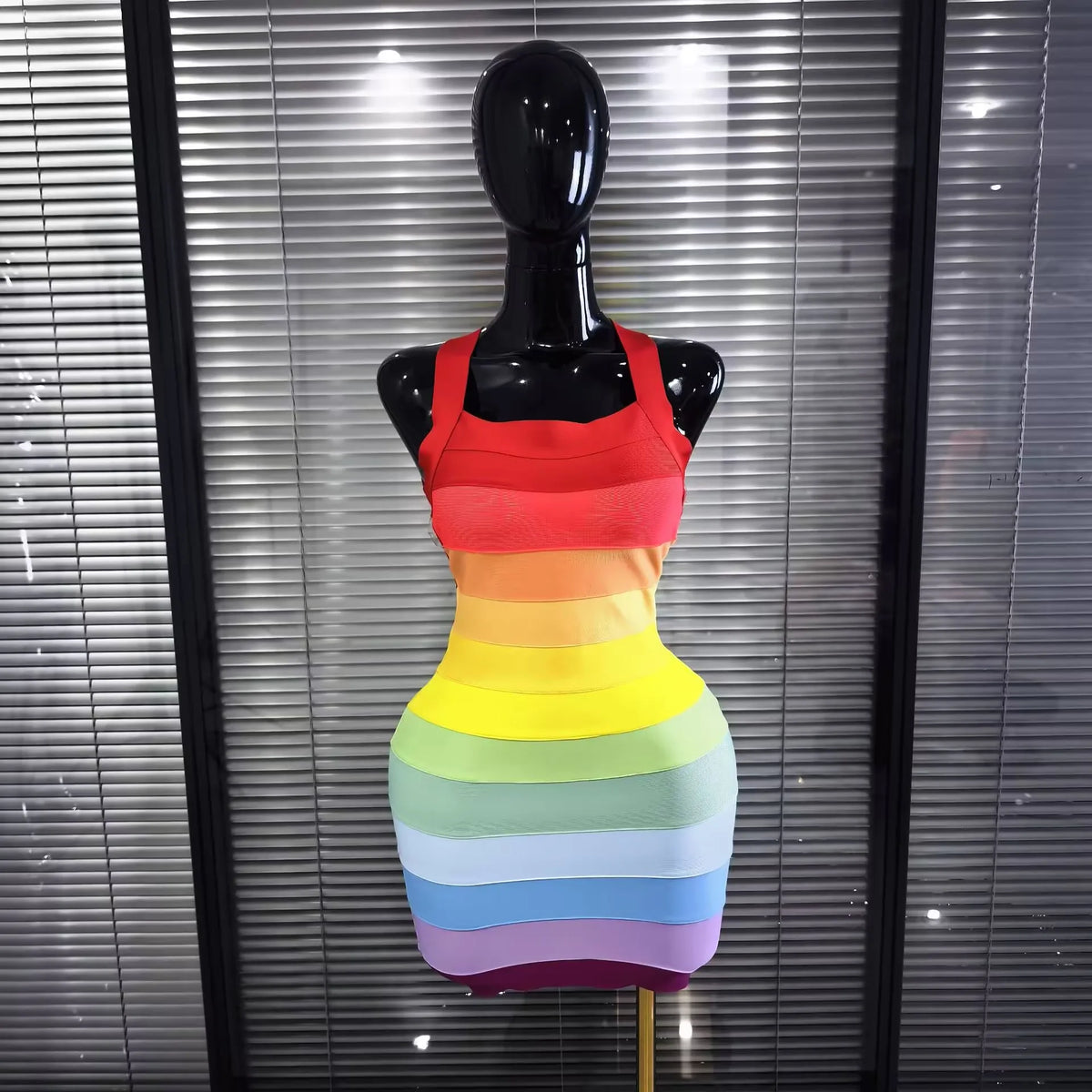 Rainbow Color Women Sexy Halter Backless Bodycon Mini Bandage Dress Nightclub Party Celebrate Fashion Birthday Clothing